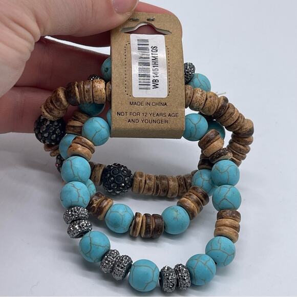 NWT, Beaded Stretchy Bracelet Set. Glitzy, Brown and Teal. Three Strands - Picture 5 of 5